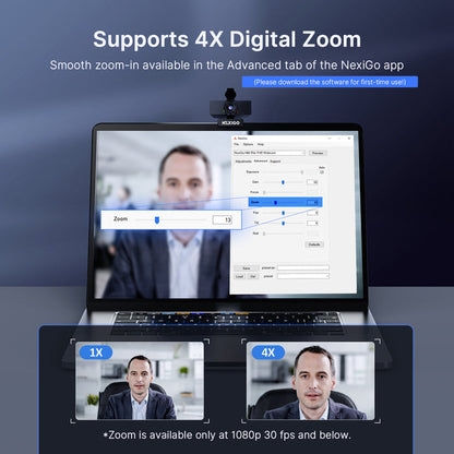 A man adjusting 4× zoom using the NexiGo app.