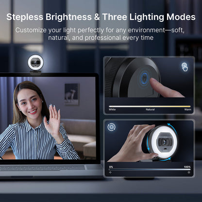 A woman adjusting the webcam’s brightness and lighting modes