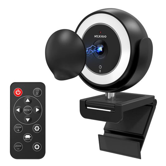 This is black NexiGo N940E (Gen 2)  webcam with remote control and magnetic privacy cover.
