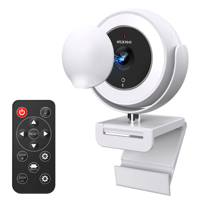 This is white NexiGo N940E (Gen 2)  webcam with remote control and magnetic privacy cover.