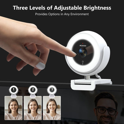 Adjust webcam brightness with a built-in ring light and 3 levels available by touching it.
