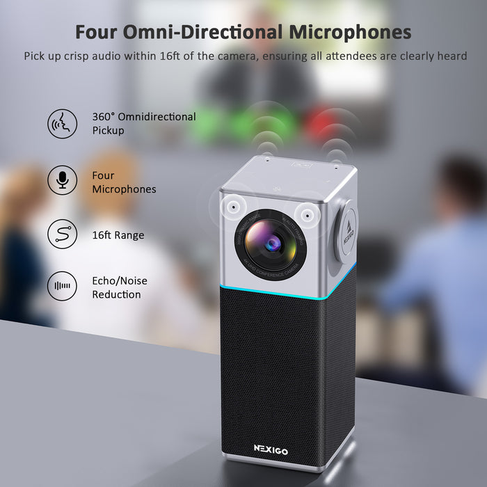 The Conference Camera has 4 microphones for 360° spatial audio pickup, with a maximum range of 18ft