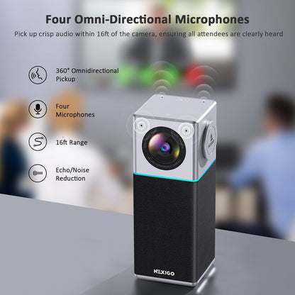 The Conference Camera has 4 microphones for 360° spatial audio pickup, with a maximum range of 18ft