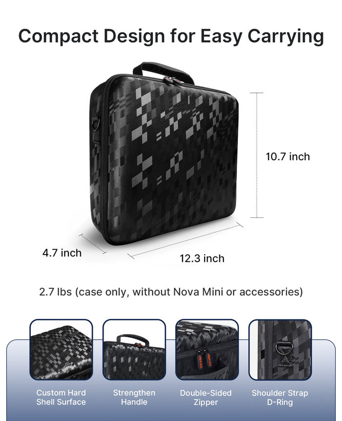 Introduces the carrying case dimensions with close-up details.