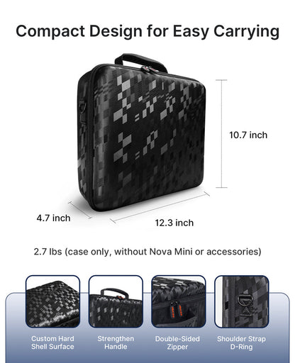 Introduces the carrying case dimensions with close-up details.