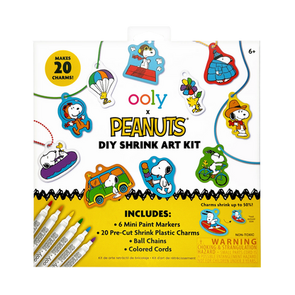 Front of packaging of OOLY x Peanuts DIY Shrink Art Kit