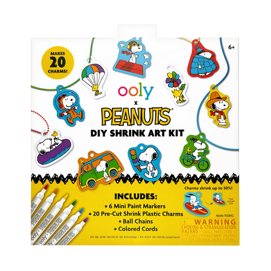 Front of packaging of OOLY x Peanuts DIY Shrink Art Kit