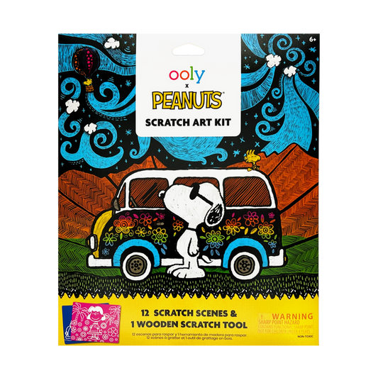 Front of packaging of OOLY x Peanuts Scratch Art Kit