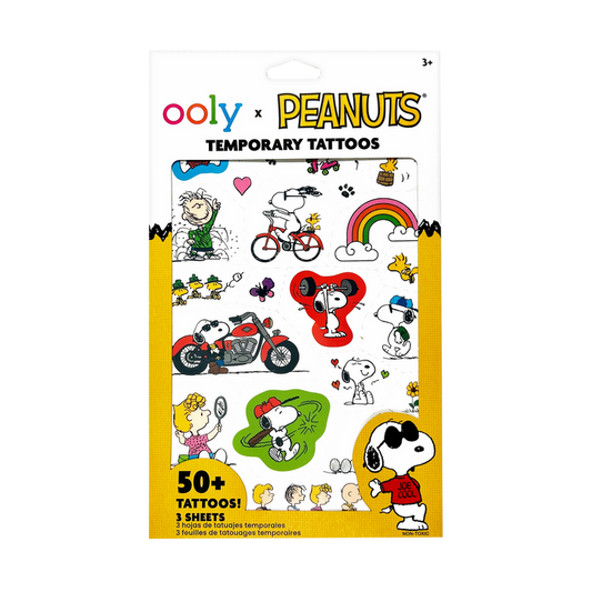 Front of packaging of OOLY x Peanuts Temporary Tattoos