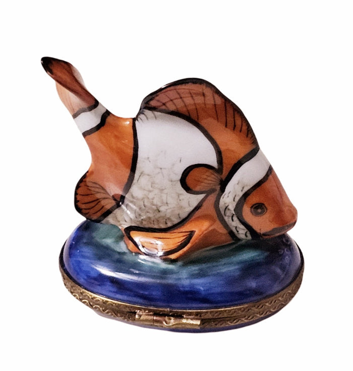 Vibrant Orange Striped Fish Box Porcelain Limoges Ocean beach fish French Trinket Box