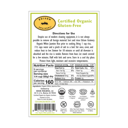 Organic White Jasmine Rice - nutrition info