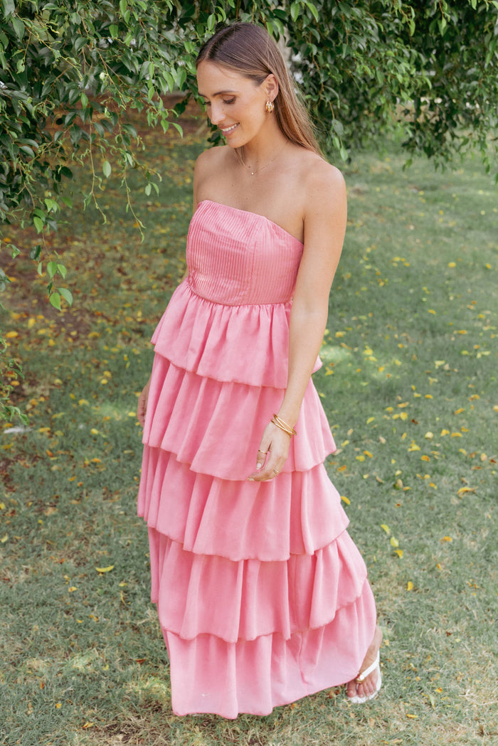 Petal and Pup USA DRESSES Peachester Strapless Maxi Dress - Coral