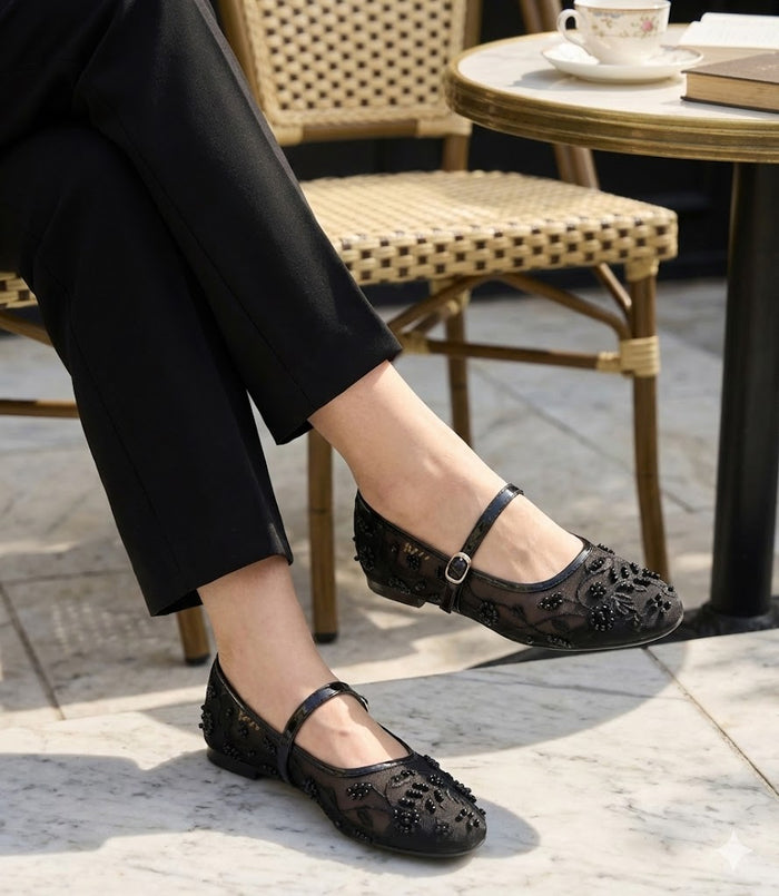 Pearl Embellished Floral Mesh Mary Jane Flats – Embroidered Sheer Ballet Pumps