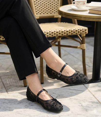 Pearl Embellished Floral Mesh Mary Jane Flats – Embroidered Sheer Ballet Pumps