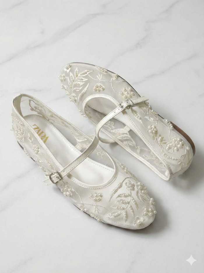 Pearl Embellished Floral Mesh Mary Jane Flats – Embroidered Sheer Ballet Pumps