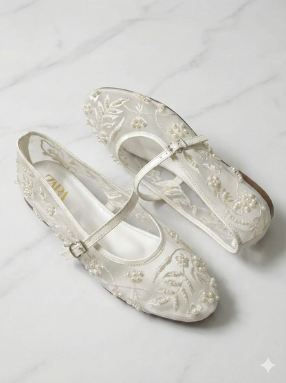 Pearl Embellished Floral Mesh Mary Jane Flats – Embroidered Sheer Ballet Pumps
