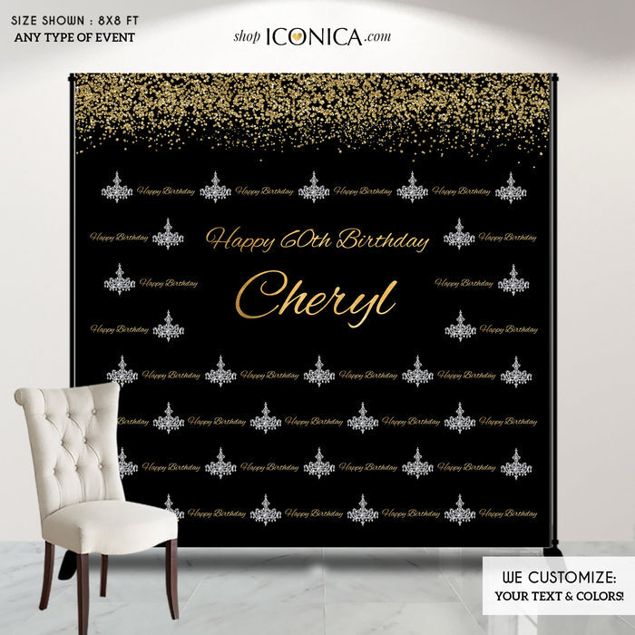 Personalized Birthday Backdrop, Gold Chandelier Banner (Printed or Printable)