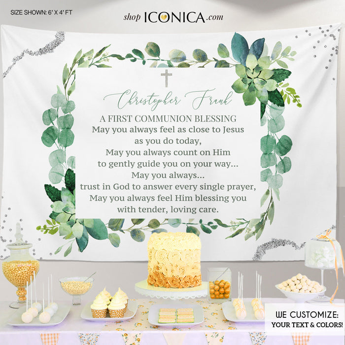 Personalized First Communion Banner, Greenery Succulents, Silver