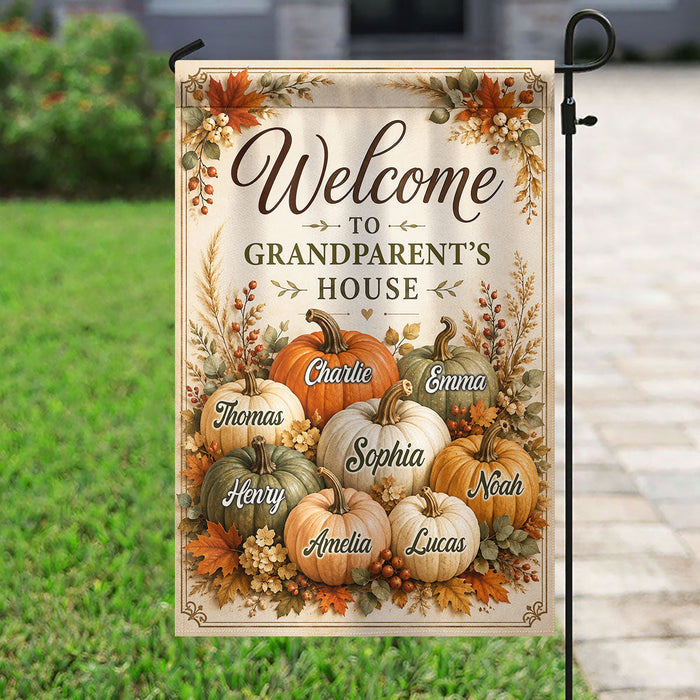 Personalized "Welcome To Grandparent's House" Fall Pumpkin Garden Flag – Seasonal Decor Gift For Grandma & Grandpa