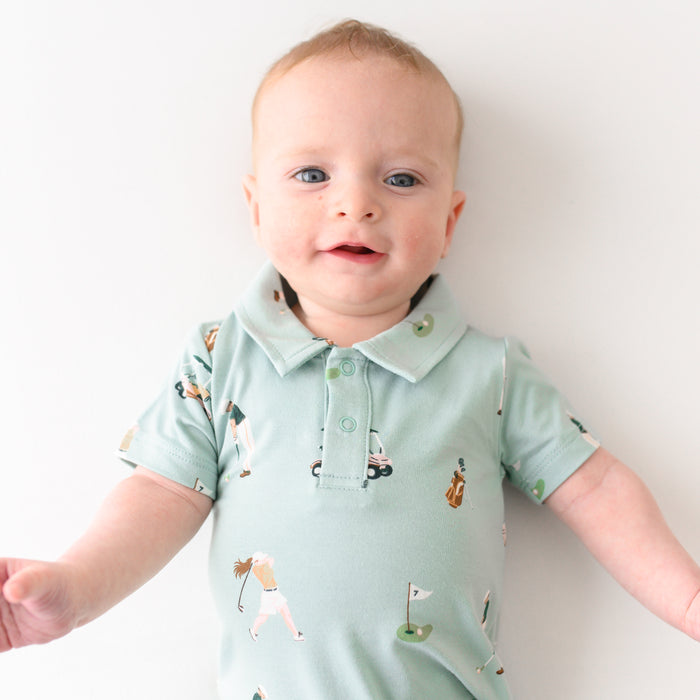 Infant wearing bamboo Polo Short-all in Golf