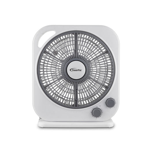PowerPac 10" Electric Box Fan – 5 blades, Adjustable Louver, Oscillation, Timer, Safe & Energy-efficient, 3-Speed, white & grey, PPBF20