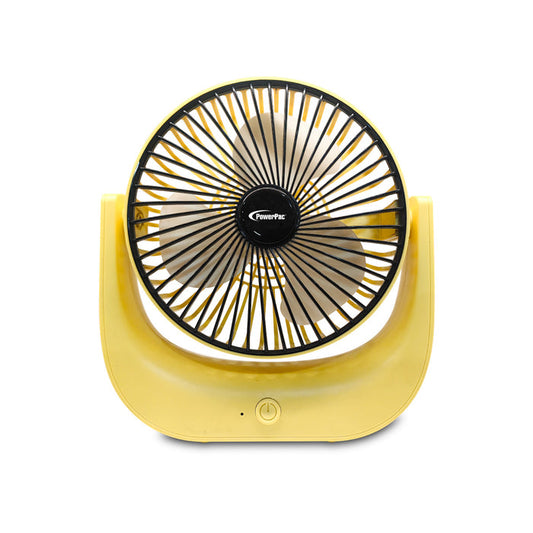PowerPac 6" Table Fan – USB, Rechargeable, Portable Wireless, Strong Airflow, 120° Adjustable Tilt, 3-Speed, yellow, PPUF225