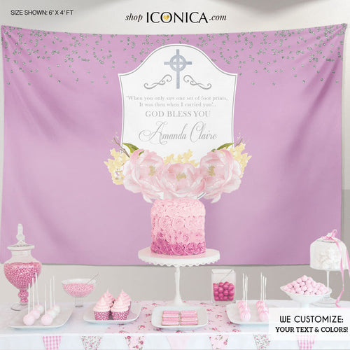 Purple Floral Baptism Backdrop, Pink Peonies Banner (Printed or Printable)