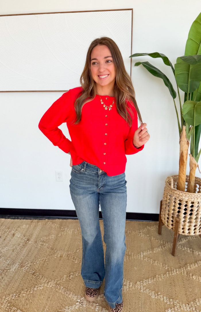Red Button Up Cardigan Sweater