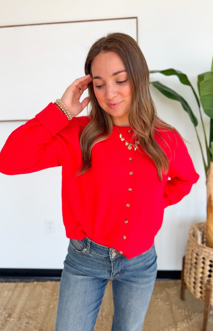 Red Button Up Cardigan Sweater