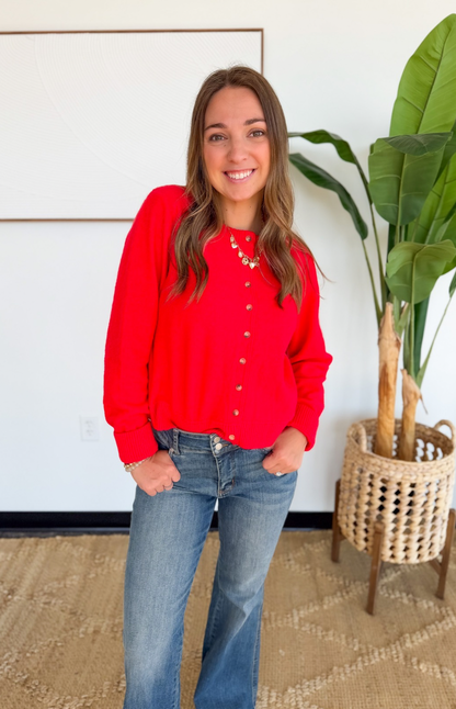 Red Button Up Cardigan Sweater