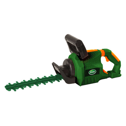 The Red Toolbox Scotts Battery-Operated Hedge Trimmer is a green and orange toy with a black handle and protective guard, offering kids safe, realistic yard play. Displayed on a white background.