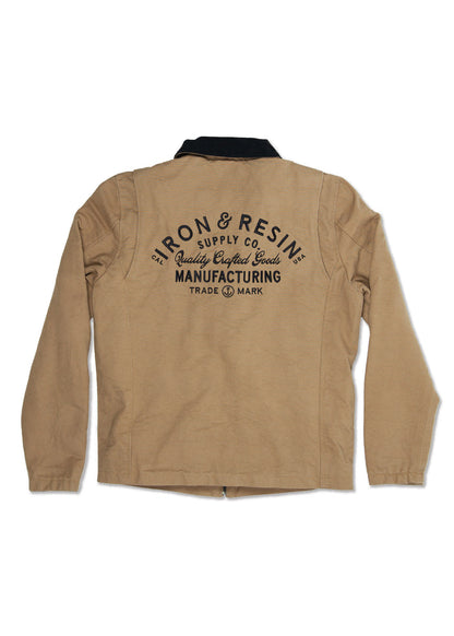 Tan jacket with "Iron & Resin Supply Co. Quality Crafted Goods Manufacturing" printed on the back in black text.