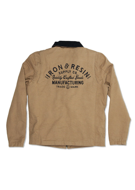Tan jacket with "Iron & Resin Supply Co. Quality Crafted Goods Manufacturing" printed on the back in black text.