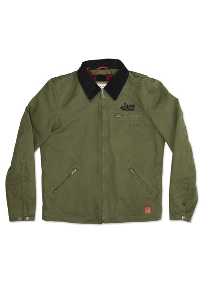 Olive green jacket with black collar, front zipper, and two zippered pockets. "Elron" logo on chest adds a stylish touch.