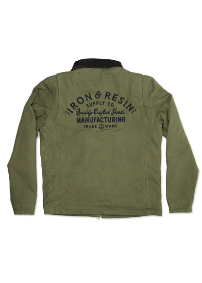 Olive green jacket with "Iron & Resin Supply Co." logo on back, highlighting quality crafted goods and manufacturing trademark.