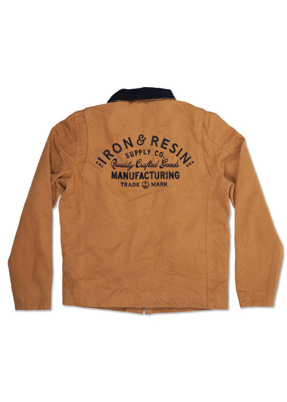 Brown jacket with "Iron & Resin Supply Co. Quality Crafted Goods Manufacturing" text on back. Black collar, long sleeves.