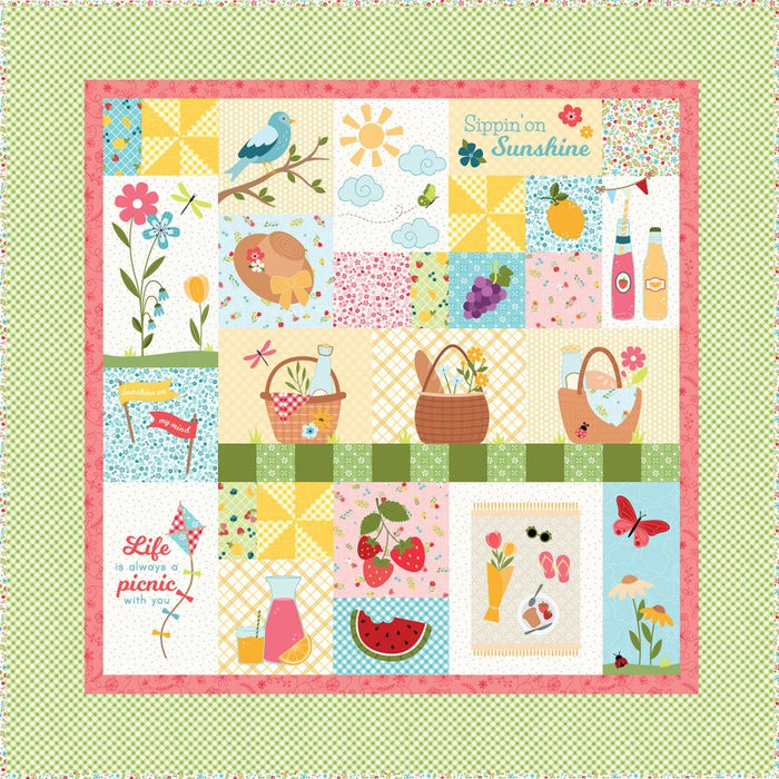 Colorful patchwork quilt with various patterns and illustrations on a green polka dot background.
