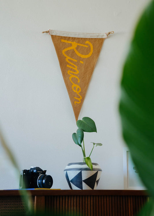 A "Rincon" pennant hangs above a patterned pot with a plant and a camera on a wooden shelf, framed by green leaves.