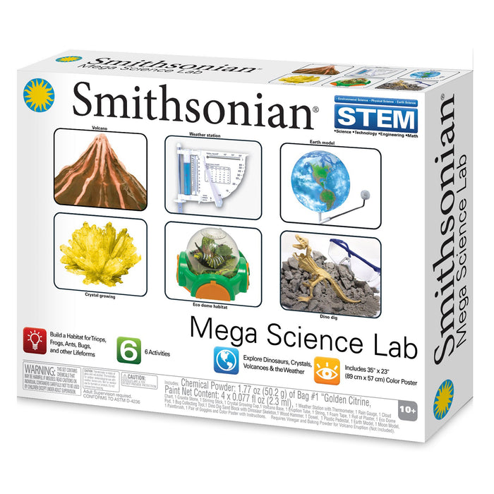 The Smithsonian Mega Science Lab by Smithsonian offers fun experiments for ages 10+, including building a volcano, growing crystals, making a weather station, and creating a dinosaur habitat.