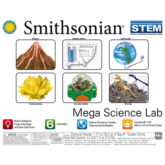 The Smithsonian Mega Science Lab box cover displays six STEM activities—volcano, weather station, earth model, crystal growing, dino habitat, and dino dig—with images of each and Smithsonian branding.