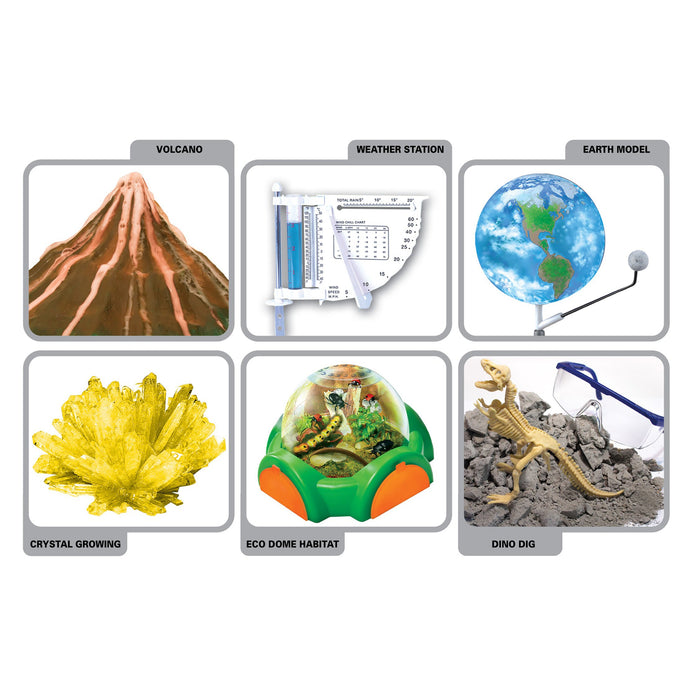 The Smithsonian Mega Science Lab by Smithsonian features six kits: a volcano model, weather station, earth model, crystal growing kit, eco dome habitat, and a dinosaur skeleton for STEM dino digs.