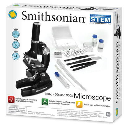 The Smithsonian Microscope Kit by Smithsonian features a black kids’ microscope, prepared slides, sample containers, tweezers, droppers, and STEM accessories. The box highlights 150x, 450x, and 900x magnification levels.