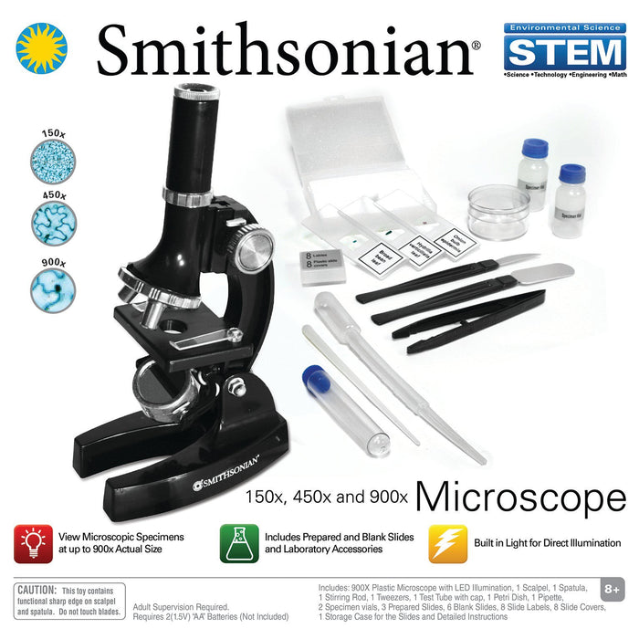 The Smithsonian Microscope Kit by Smithsonian features LED illumination and 150x, 450x, and 900x magnification. It includes prepared & blank slides, tweezers, pipette, scalpel, vials, plus STEM details and product info for kids.