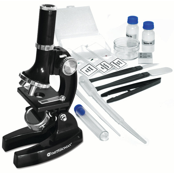 The Smithsonian Microscope Kit by Smithsonian is a black kids' STEM toy that includes tweezers, pipettes, specimen slides, labeled bottles, a petri dish, spatula, and test tube—displayed on a white background.