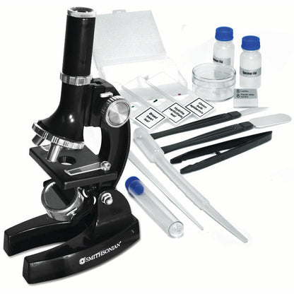 The Smithsonian Microscope Kit by Smithsonian is a black kids' STEM toy that includes tweezers, pipettes, specimen slides, labeled bottles, a petri dish, spatula, and test tube—displayed on a white background.