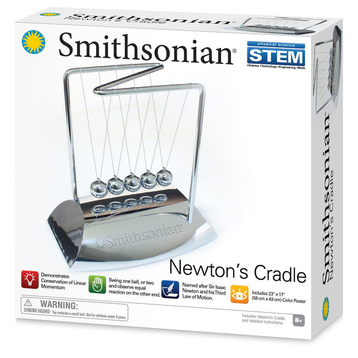 The Smithsonian Newtons Cradle STEM kit features six metal spheres in a row and explains kinetic energy and momentum. Ideal as a STEM desktop display for ages 8+, by Smithsonian.