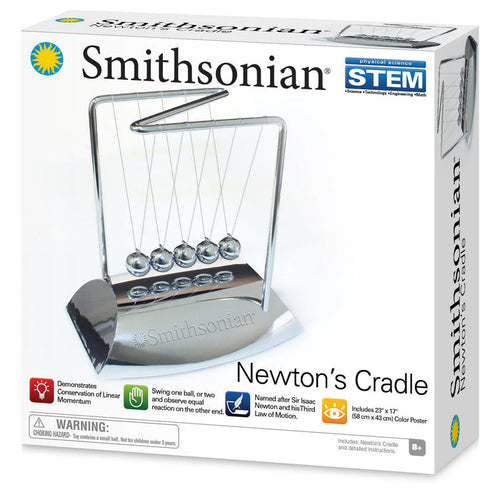 The Smithsonian Newtons Cradle STEM kit features six metal spheres in a row and explains kinetic energy and momentum. Ideal as a STEM desktop display for ages 8+, by Smithsonian.