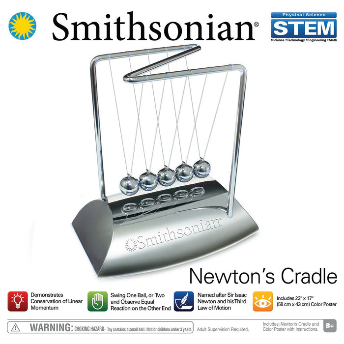 The Smithsonian Newtons Cradle features six silver spheres on a metal frame with a branded base—perfect for demonstrating physics and kinetic energy on any desktop. Includes educational features and a choking hazard warning.