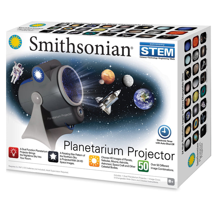 The Smithsonian Planetarium Projector by Smithsonian is a STEM kit for ages 8+. The box shows the projector, planets, and spacecraft, highlighting 50+ image combos and dual projection modes—perfect for stargazers.