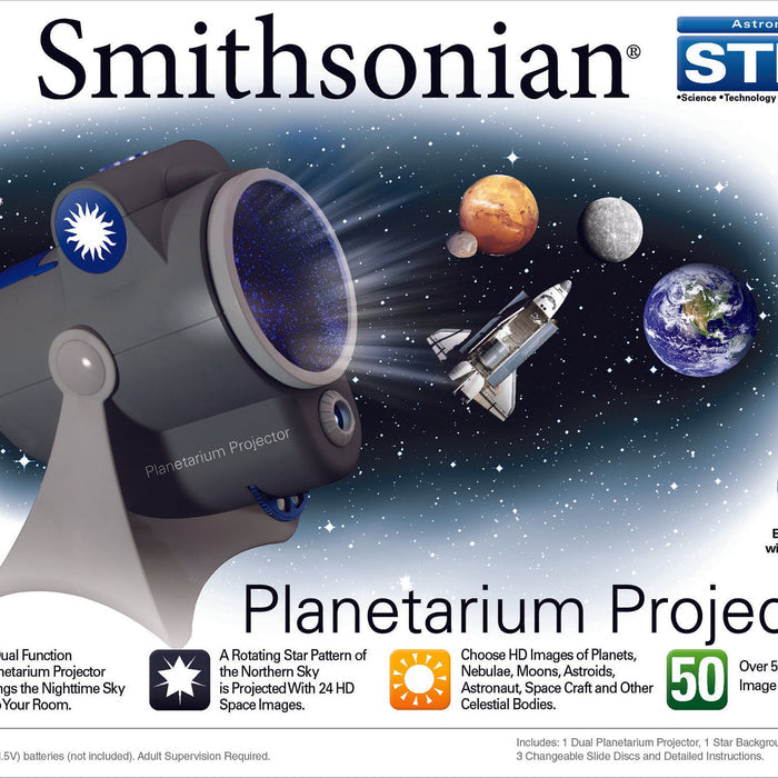 The Smithsonian Planetarium Projector box shows the projector casting stars, features planets and a rocket, and highlights 24 space images with over 50 combinations—ideal for aspiring stargazers. Brand: Smithsonian.